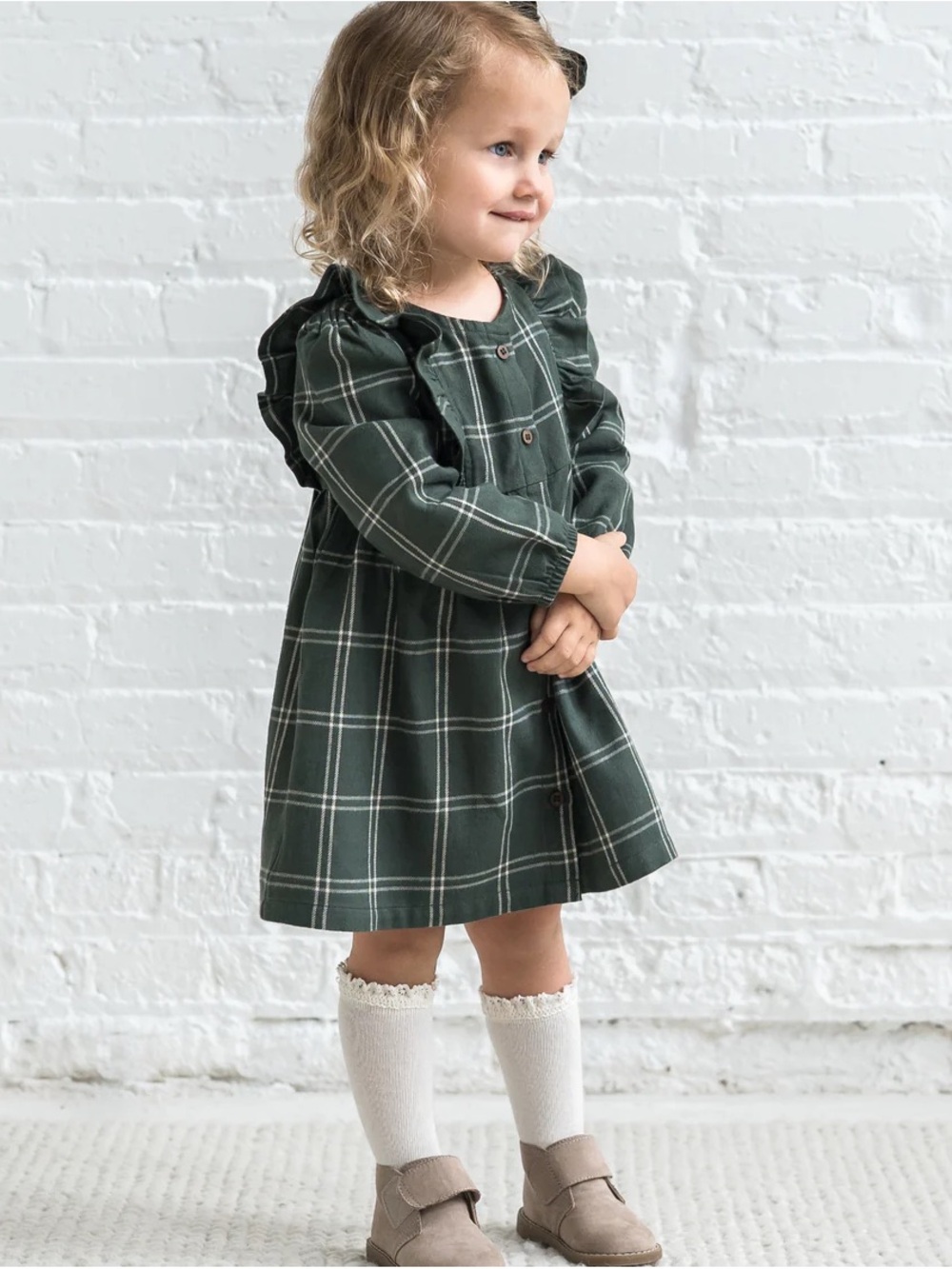 KENDI Green Plaid Ruffle Button-Front Kids Dress